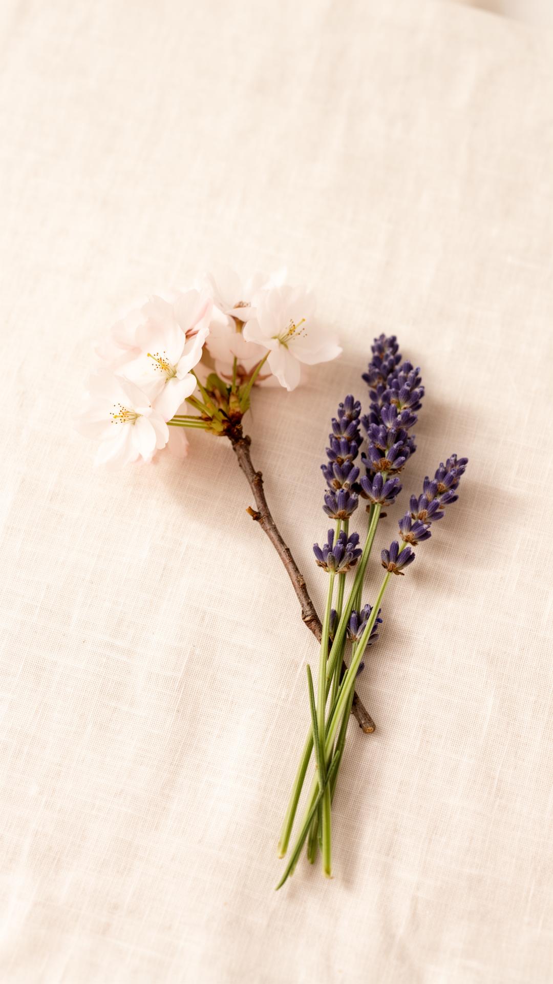 Cherry blossom and lavender sprig on cream linen
