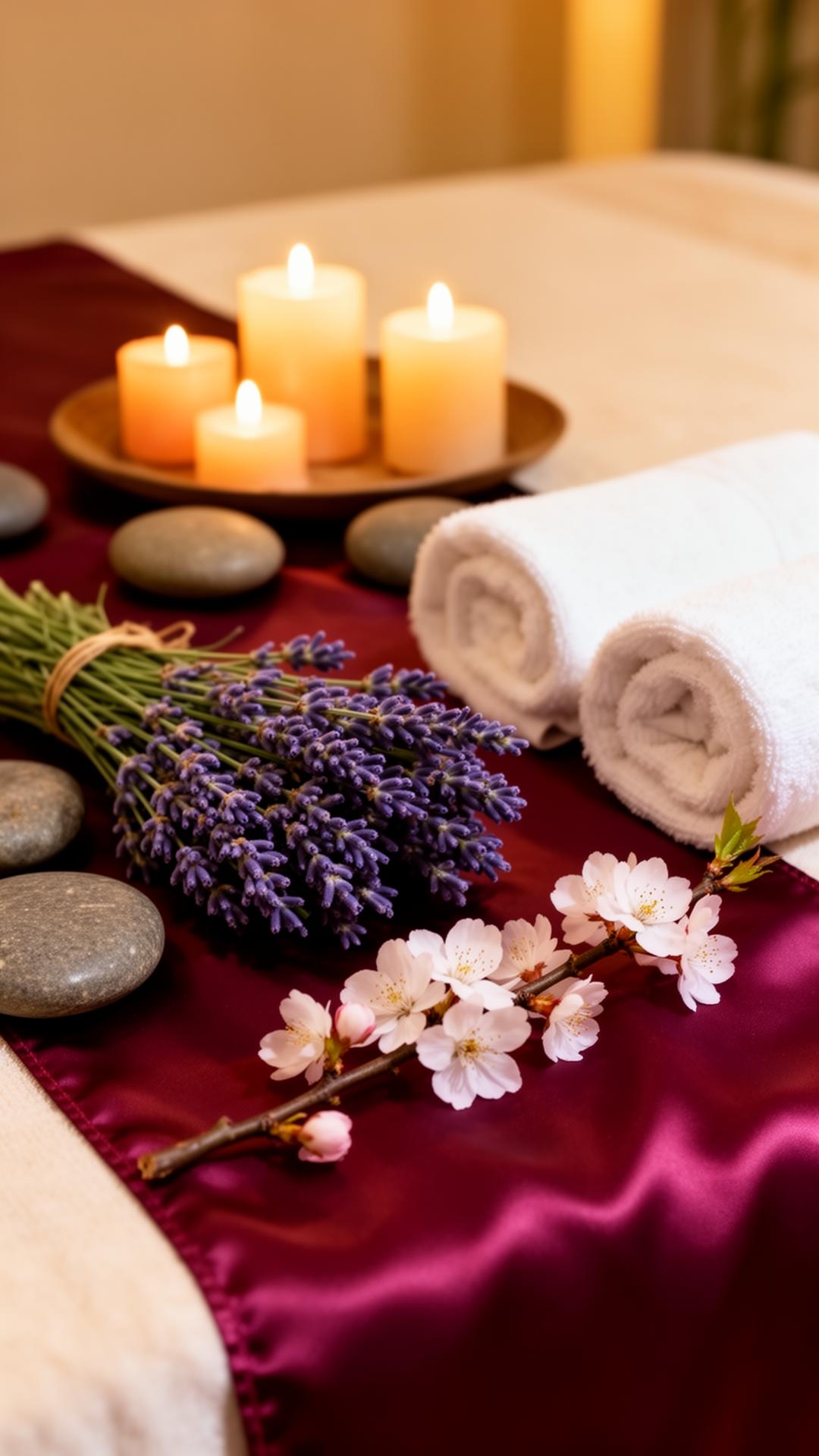 Lavender, cherry blossoms and candles in a serene spa setting