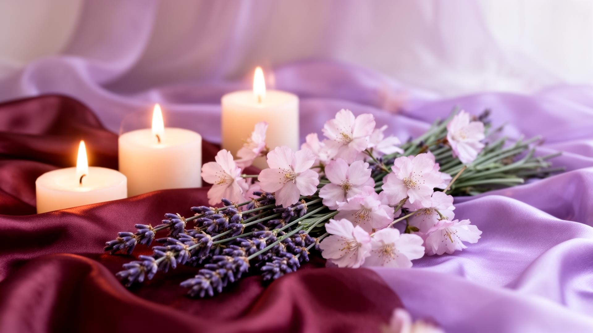 Cherry blossoms, lavender and candles on silk